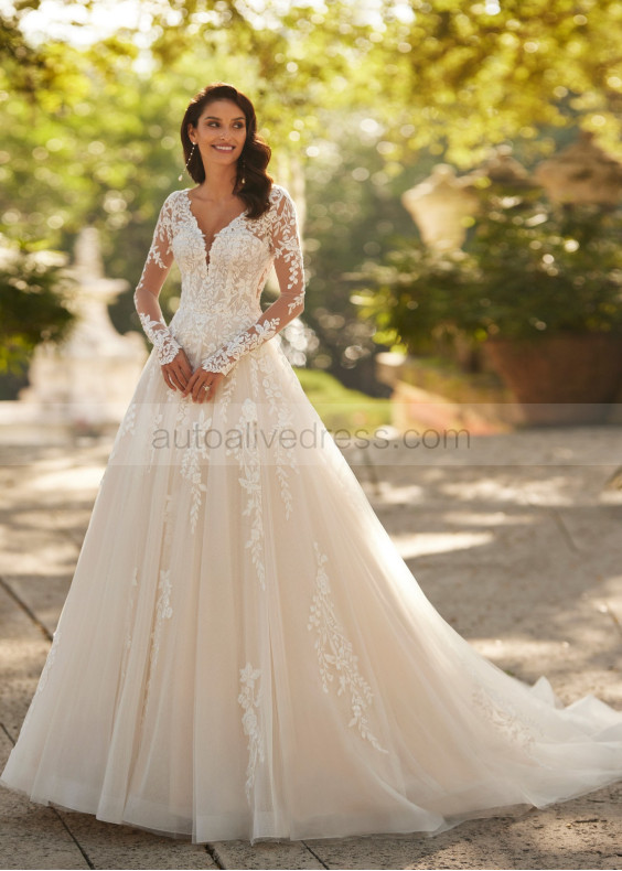 Sheer Long Sleeves Beaded Lace Tulle Gorgeous Wedding Dress